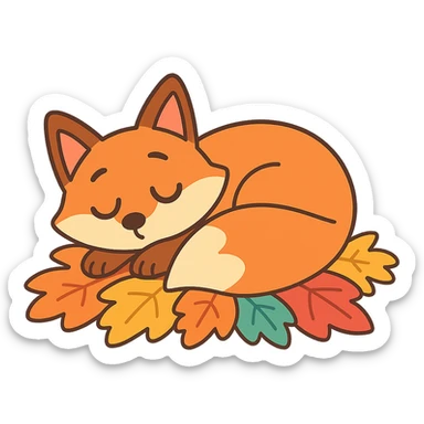 sleepy fox curled up on a pile of autumn leaves, pastel-toon style sticker