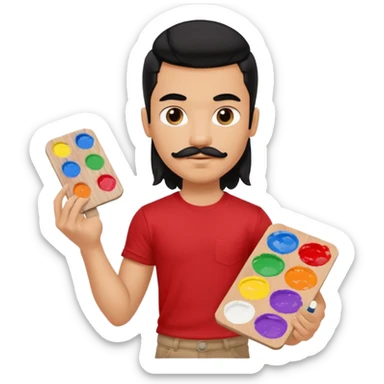 generate a pretty fair bratz boy with a long mullet (black hair), mustache, carrying a paint palette in hand and wearing a red tshirt. Lean but biceps sticker