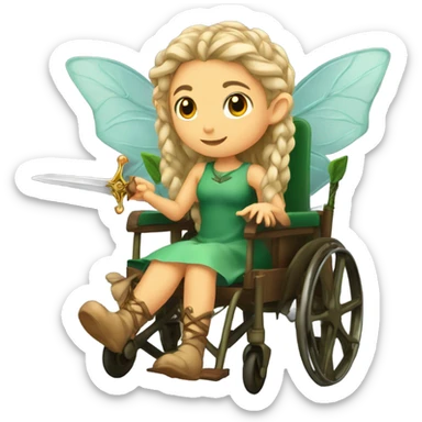 Female, forest fairy, fairy wings, pointed elf ears, box braid hair, vines, holding medieval sword, sitting in wheelchair sticker