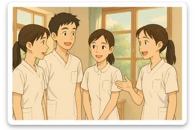 Scène Ghibli de quatre étudiants infirmiers en interaction, intérieur lumineux, uniformes blancs à manches courtes, tuniques col en V, poche poitrine à gauche, pas de pied de col, pas de stéthoscopes, avant-bras nus, cheveux longs attachés pour celles qui en ont. D'après les quatre visages fournis. sticker