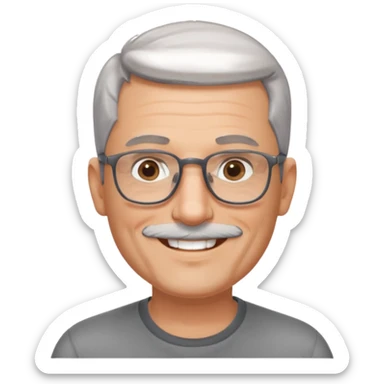 54 year old man, short shaved grey hair, full short, shaved beard stubble, glasses sticker