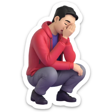 sad Asian man kneeling and crying in a rainy street, dramatic lighting sticker