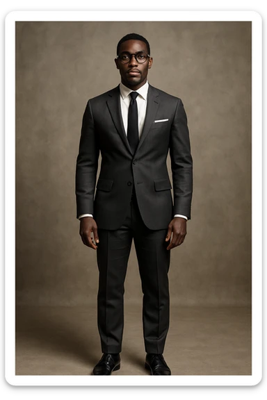 A dark-skinned man in a suit with glasses, full-length sticker