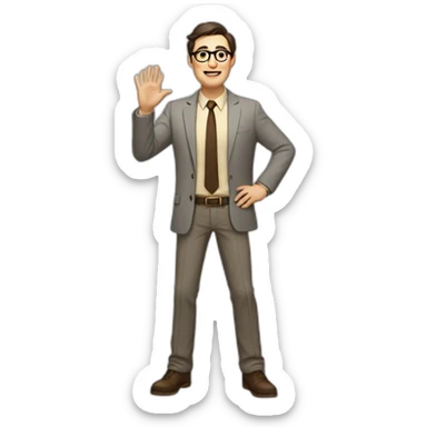 Full height Actively gesturing with hands Pale skinned fit man with dark brown hair in gray jacket, beige office shirt, brown tie, brown pants and vintage glasses. sticker