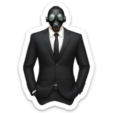 Poker face man, black hair and black gas mask on and black pant suit sticker