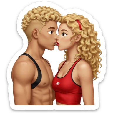 athletic man, high top fade, blonde curly hair only top only, no shirt and Athletic girl with long wavy red hair and black sports bra, Put them together kissing, or holding hands sticker