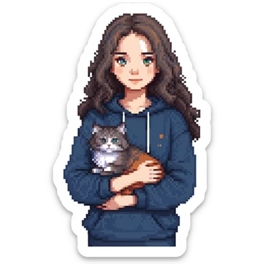 Brunette girl with dark blue sweatshirt lovingly holding a grey Siberian cat, detailed pixel art sticker