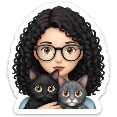 Girl with Brown eyes, black curly long hair, with glasses holding a cat Black and gray sticker
