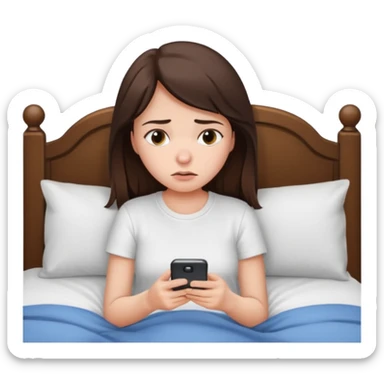 generate a girl brunette using her phone in bed. she looks sad sticker