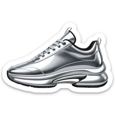 A pair of futuristic sneakers emoji made of silver chrome, sleek streetwear design, smooth metallic panels, subtle reflections, luxury swag aesthetic, iOS emoji style, centered, clean white background sticker