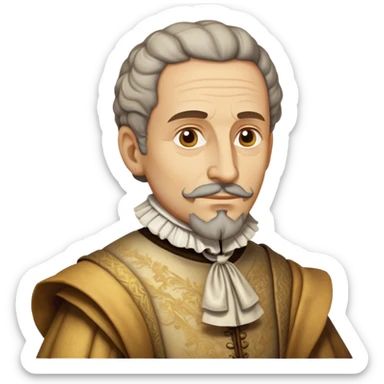 Cinematic Realistic Miguel de Cervantes Portrait Emoji, depicted as a wise thoughtful literary figure in period attire with a reflective gaze, rendered with detailed textures and soft historical lighting that captures his enduring literary legacy. sticker