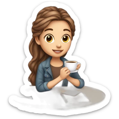 Cute girl full body skin is light and hair are flowing studying and sipping coffee sticker