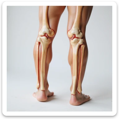 hyperrealistic 4K illustration of valgus knee, lateral view, bones and joint clearly visible, knees touching and ankles apart, white background, very evident valgus deviation, variant 7 with slightly changed leg position sticker