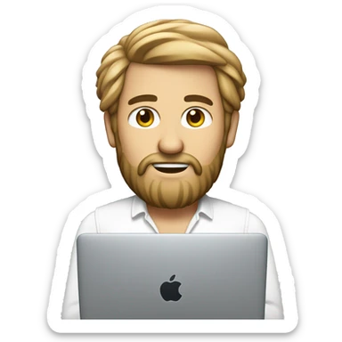 Un homme blanc avec une barbe de taille moyenne et des cheveux court qui travail sur un macbook sticker