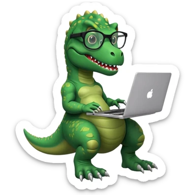 un trex con gafas de informático que este programando en un portátil sticker