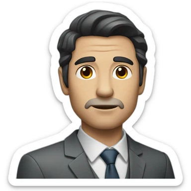 man with dark hair in gray suit pointing serious face sticker