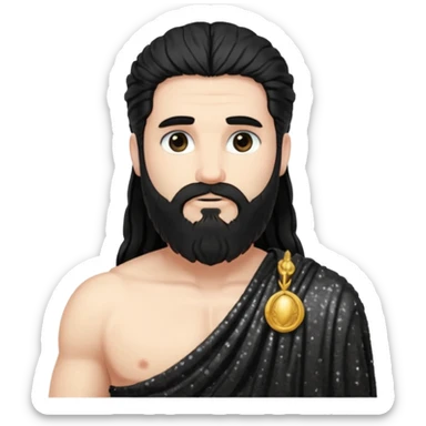 Pluto from Roman Deities with long black hair and beard, black sequin toga sticker