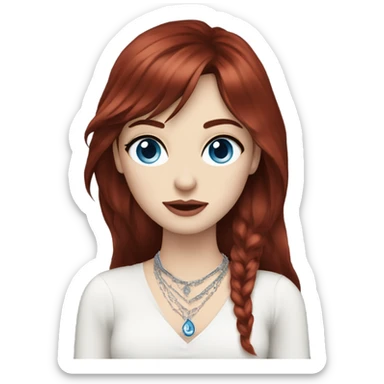woman with pale skin, blue eyes and long dark red hair with layers and fringe bangs, wearing a white top and silver jewellery sticker