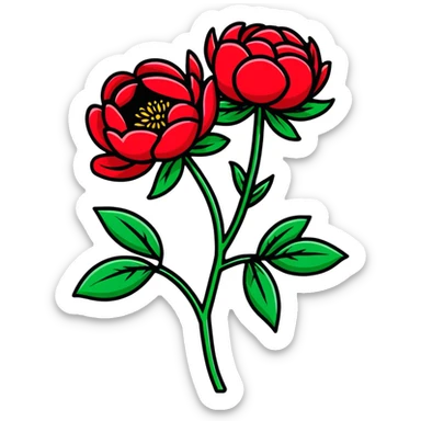 A single red peony flower with green leaves sticker