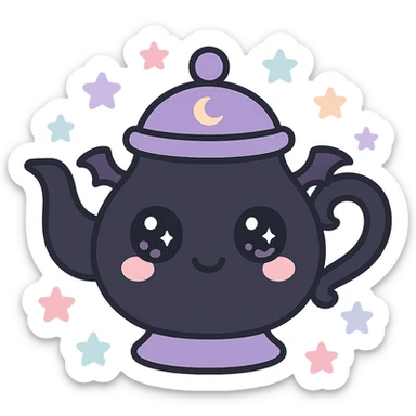 kawaii style magical gothic teapot, cute face, black and purple colors, sparkling eyes, tiny bat wings, surrounded by pastel stars, enchanting and whimsical sticker