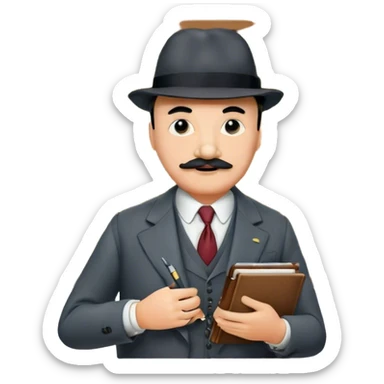 A cinematic-style frame showing Hercule Poirot in his iconic suit with a notebook in a dramatic detective pose. Background should be mysterious city, map, a board with photos of suspects, clues like fingerprints. Transparent background. sticker