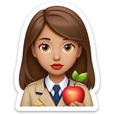 Apple emoji girl, Medium-length brown hair, brown eyes, big lips, in school uniform sticker