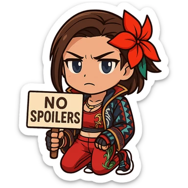 Azucena from Tekken 8 in chibi sticker style, holding a sign that says 'NO SPOILERS', with a serious expression, wearing the detailed red and patterned outfit from the reference images, designed for Twitch emote use. sticker