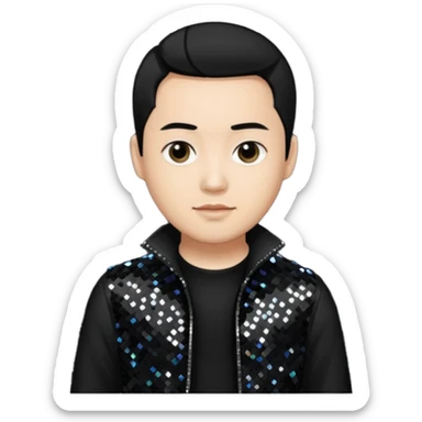 Joe Hahn from Linkin Park with black hair, light skin, black sequin outfit sticker