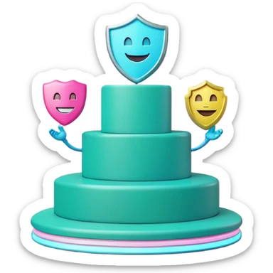 Minimalist 3D emoji-style podium with 2 steps on a green chroma key background. Step 1 (higher) features a handshake icon with blue neon glow. Step 2 (lower) features a smiling tooth with a shield icon and pink neon glow. Clean rendering, soft colors, uniform lighting sticker