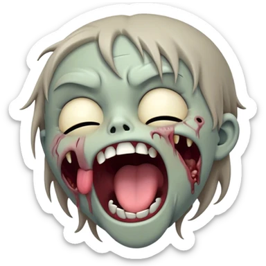 Cinematic Cute Yawning Zombie Portrait Emoji, with a delightfully quirky, slightly disheveled face in muted ashen tones, head tilted back in a big, funny yawn that reveals quirky stitches and playful gaps, simplified yet irresistibly charming, highly detailed with a soft, eerie glowing outline capturing the sleepy, offbeat vibe of a zombie taking a nap! sticker