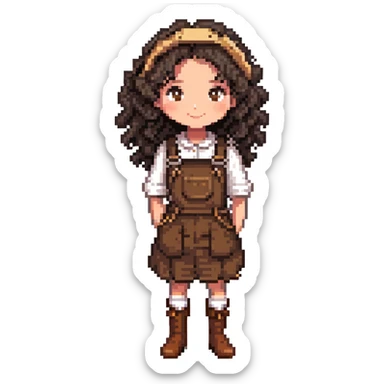 white girl with very curly dark brown hair, brown eyes, wearing farm clothes sticker