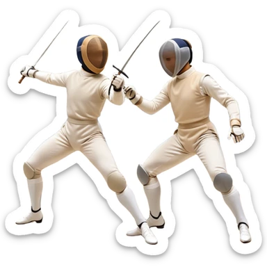 Two fencers in symmetrical stances, with crossed épées in front of them. Their forms are elegant and precise, showcasing the balance and strategy of fencing. The background features a blurred fencing piste, with subtle motion lines to emphasize the elegance and speed of the sport. sticker