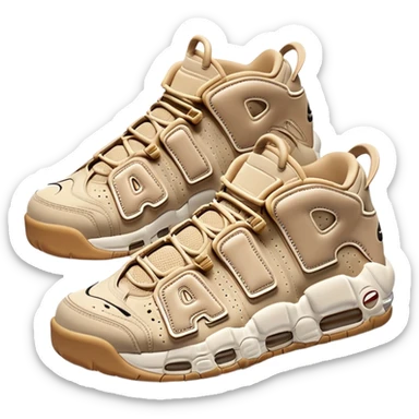 Clean iOS-style emoji of a pair of beige Nike Air More Uptempo sneakers, with left and right shoes arranged with one slightly behind the other, simple minimal design with subtle shadows sticker