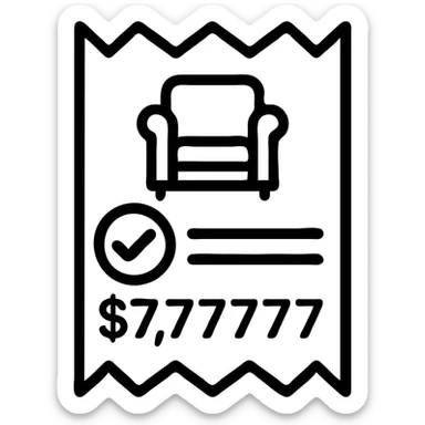 a paper receipt for furniture with a checkmark and $7,777,777, minimal outline style sticker