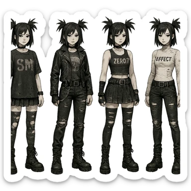 outfit designs for a VTUBER OC. The style is mixed 90's grunge, punk, lots of black and white in the color scheme, futuristic aesthetic. Clothing has small rips and tears from wear, logos and designs are faded. Garage, Shoegaze, postmodern style. character design concept art outfits for a female sticker