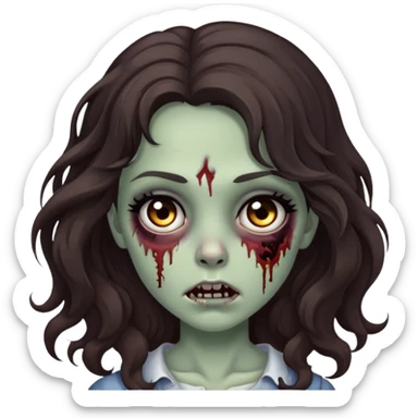 make a zombie emoji, girl with dark brown wavy hair, long hair, black eyes, small eyes, pretty  sticker