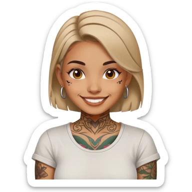 girl with face tattoos, smiling, wearing a shirt sticker