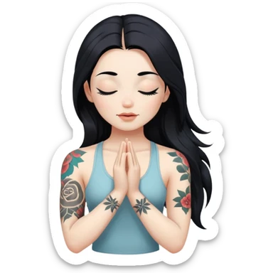 Yoga posing girl with white skin, long black hair and eyes closed, tattoos on left arm sticker