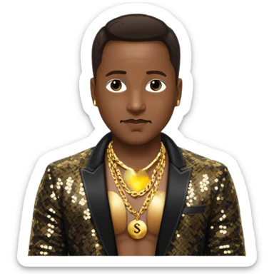 Johnny Gill with dark brown hair, black sequin jacket, shirtless with necklace sticker