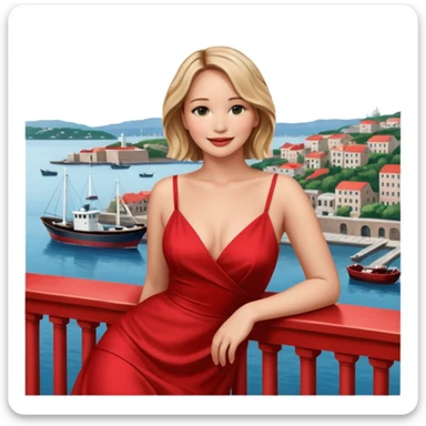 jennifer lawrence, red dress leaning on a balcony with a harbor and cityscape in the background, smiling, closeup sticker