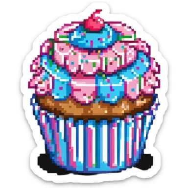 giant cupcake with pink icing and colorful sprinkles, striped cupcake wrapper, pixel art style sticker