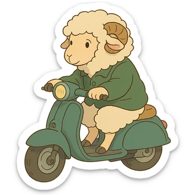 ghibli style cartoon sheep on a scooter sticker