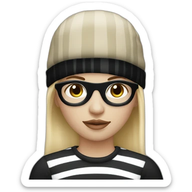 blonde woman in black beanie hat, black eye mask and striped shirt sticker