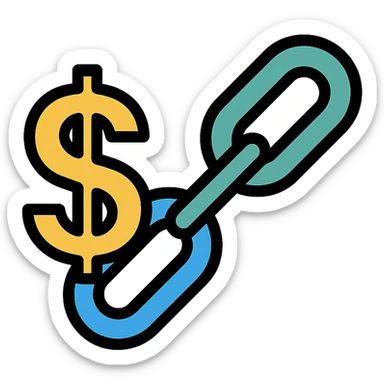 money link icon, showing a chain connecting a dollar sign, color outline style sticker