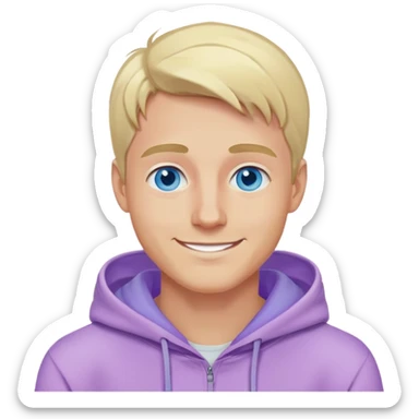 smiling blonde man with blue eyes in a lilac hoodie sticker