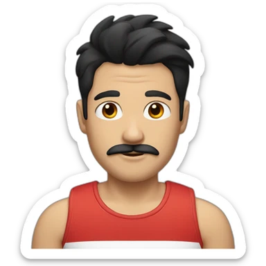 male with black hair, moustache and striped black and red tank top sticker