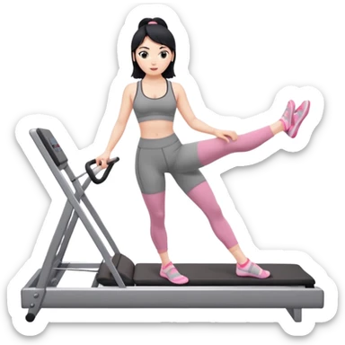 Create a Pilates emoji: a girl with fair skin and black hair, wearing a grey bra and grey leggings with pink pilates socks, exercising on a pilates reformer and not looking at the camera sticker