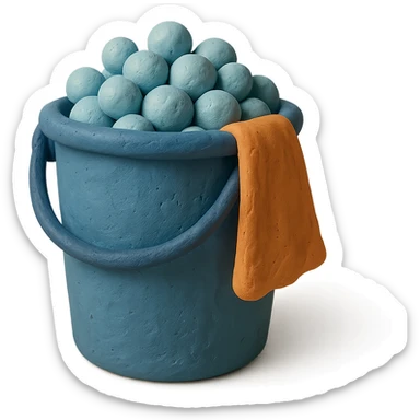 bucket with bubbles and cleaning cloth in claymation style, soft matte finish sticker