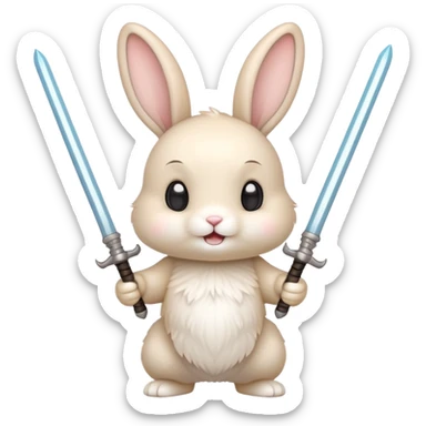 cute cream-colored bunny holding two sabers, cheer expression sticker