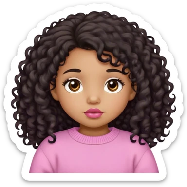 medium brown skin tone, very adorable toddler, with big plump lips, long long lashes, black curly long hair, brown eyes, pink sweater sticker